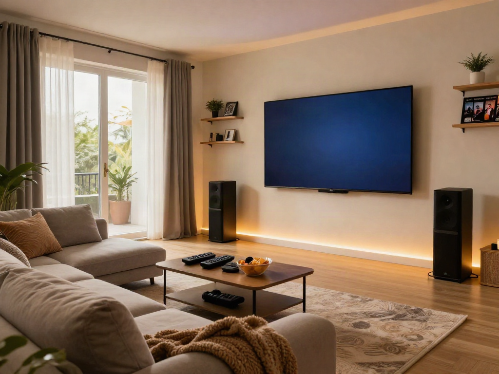 Configuration de cinéma maison avec Iron tv pro, salon cosy et éclairage ambiant.
