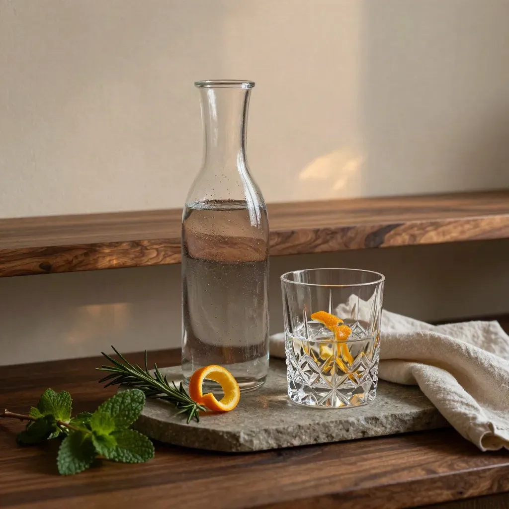 Carafe d’eau pétillante, verre taillé, zeste d’agrumes et herbes fraîches sur pierre.