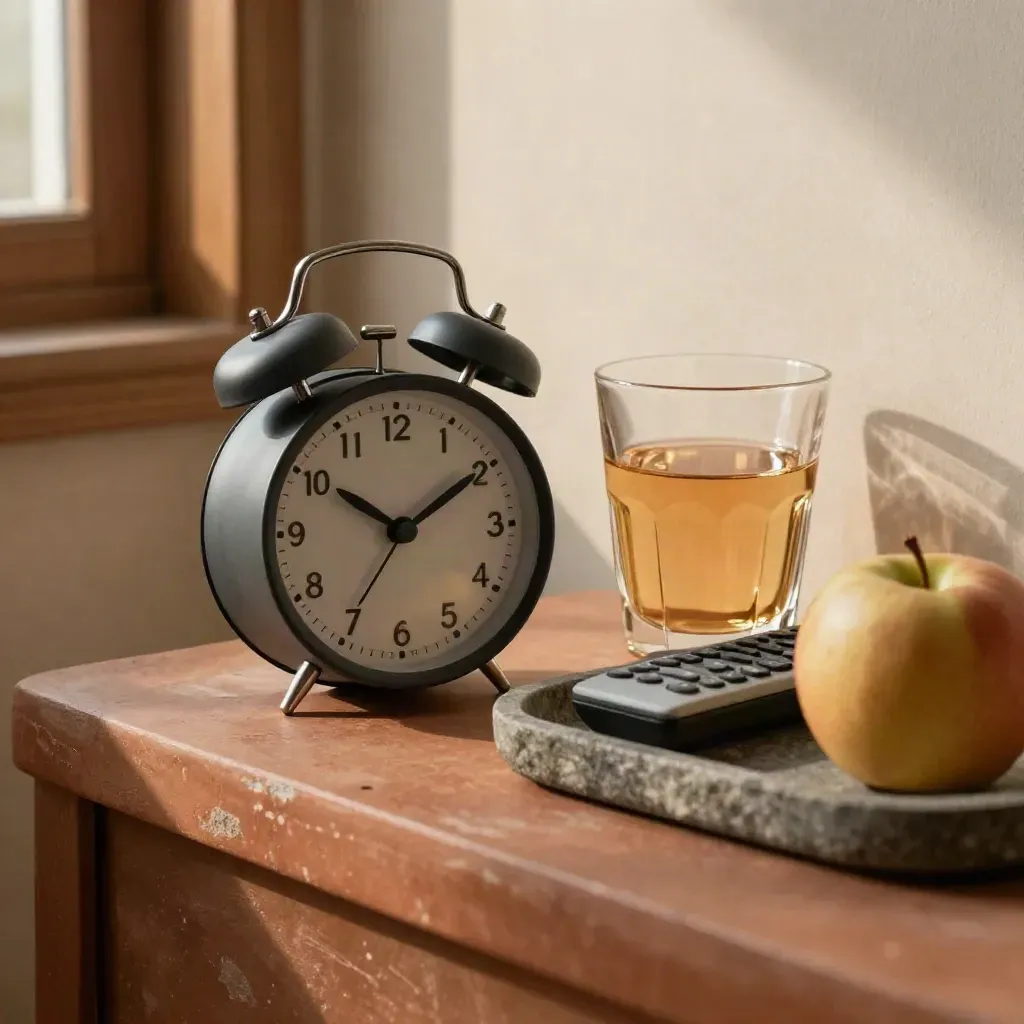 Réveil analogique, verre d’eau, vide-poche en grès et pomme sur une table de chevet.
