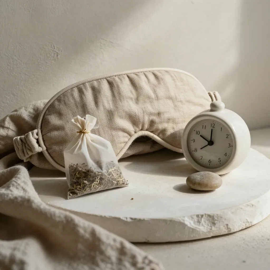 Masque de sommeil en lin, minuteur en céramique, herbes et galet sur plâtre clair.