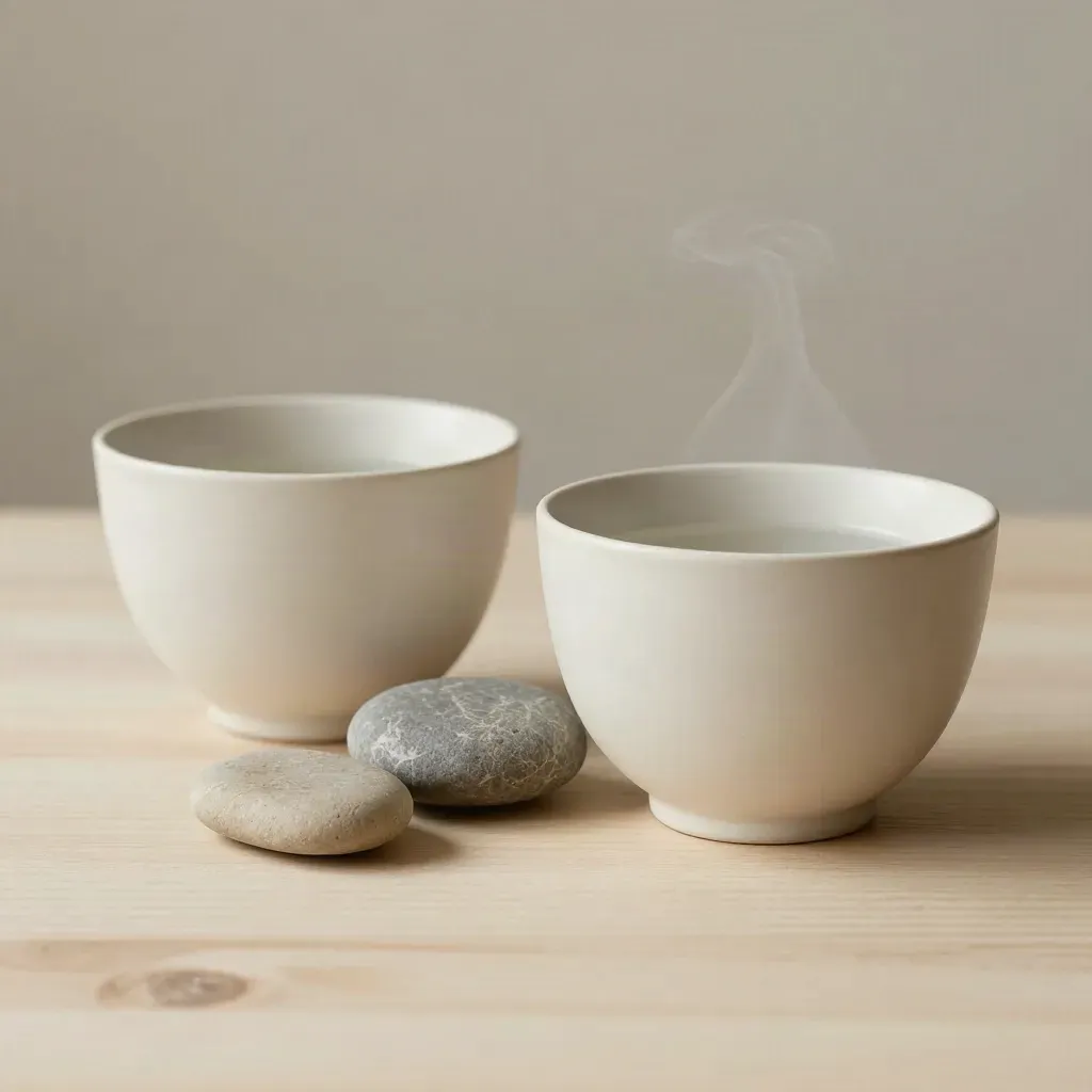Deux tasses de thé face à face avec une pierre et un bol d’eau sur bois clair.