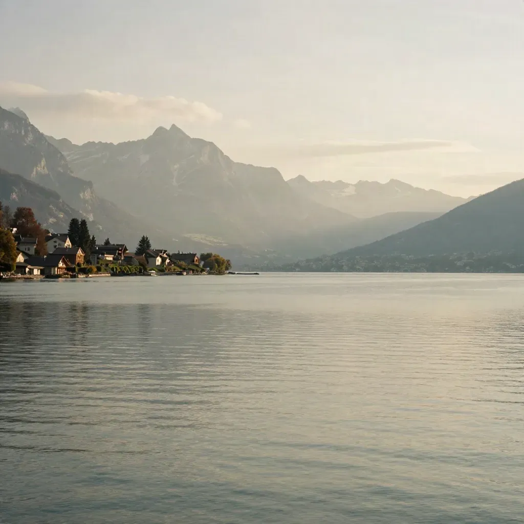 Lac d’Annecy calme avec crêtes alpines brumeuses et village lointain