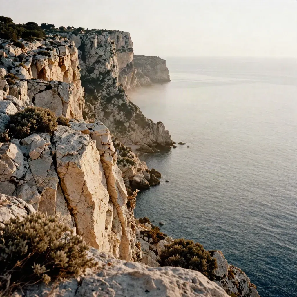 Falaises des calanques baignées d’or, mer pâle et brume salée en contrebas.